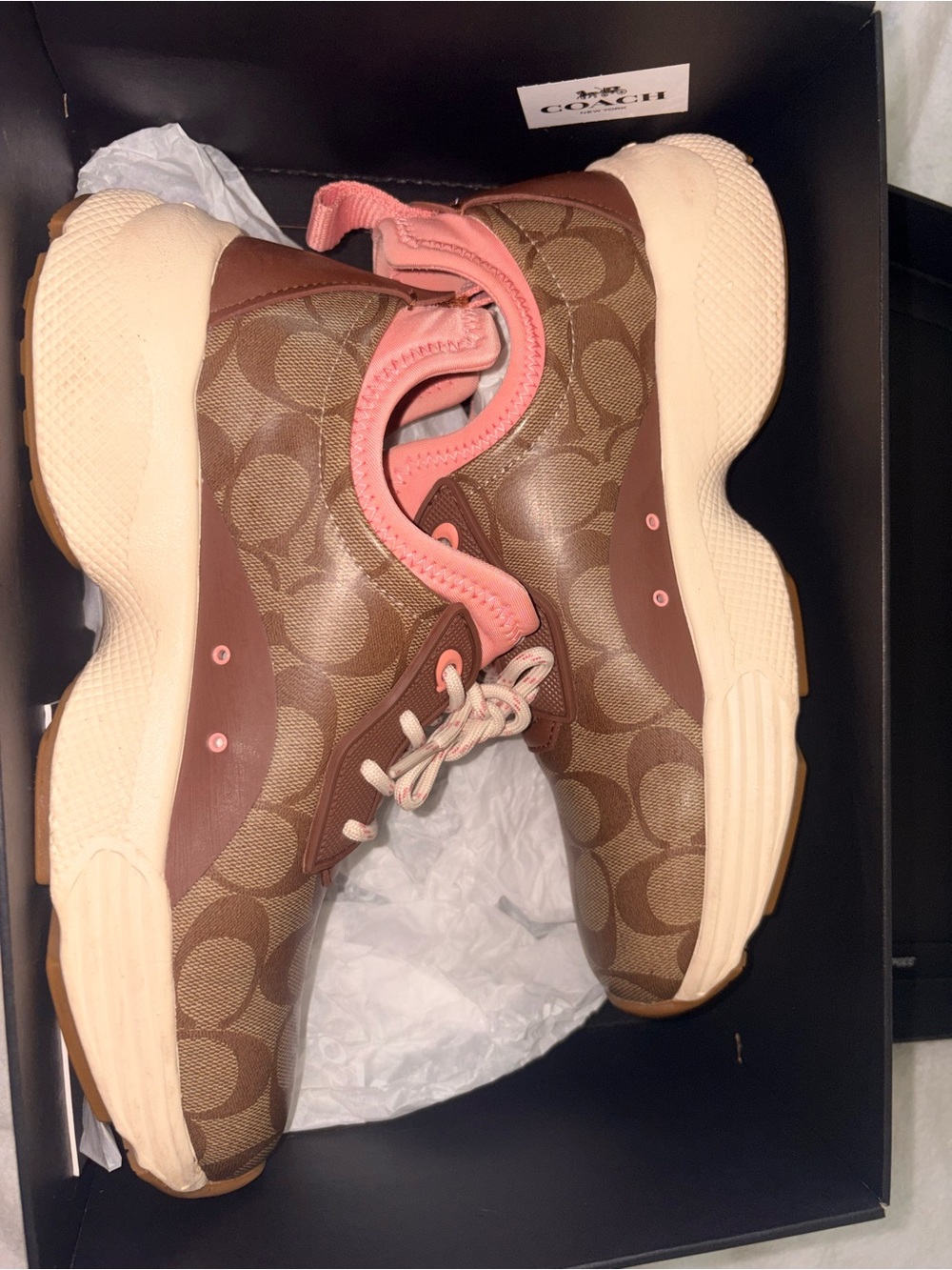 Coach Brown Signature Logo Sneakers with Pink Trim